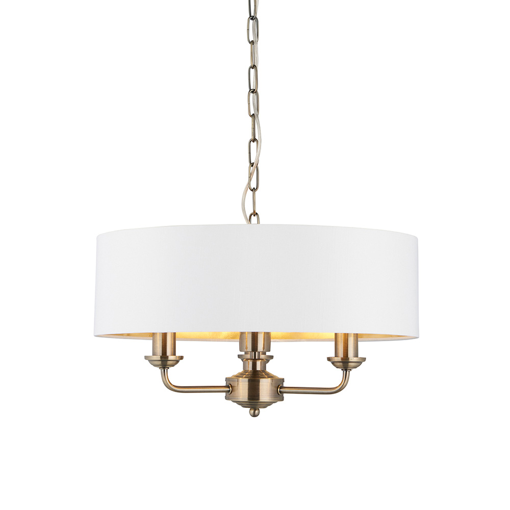 elegant 3 arm nickel ceiling pendant light in antique brass with white shade 1 elegant 3 arm nickel ceiling pendant light in antique brass with white shade. - Stillorgan Decor