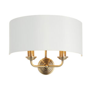 elegant 2 arm wall light in antique brass with white shade - Stillorgan Decor