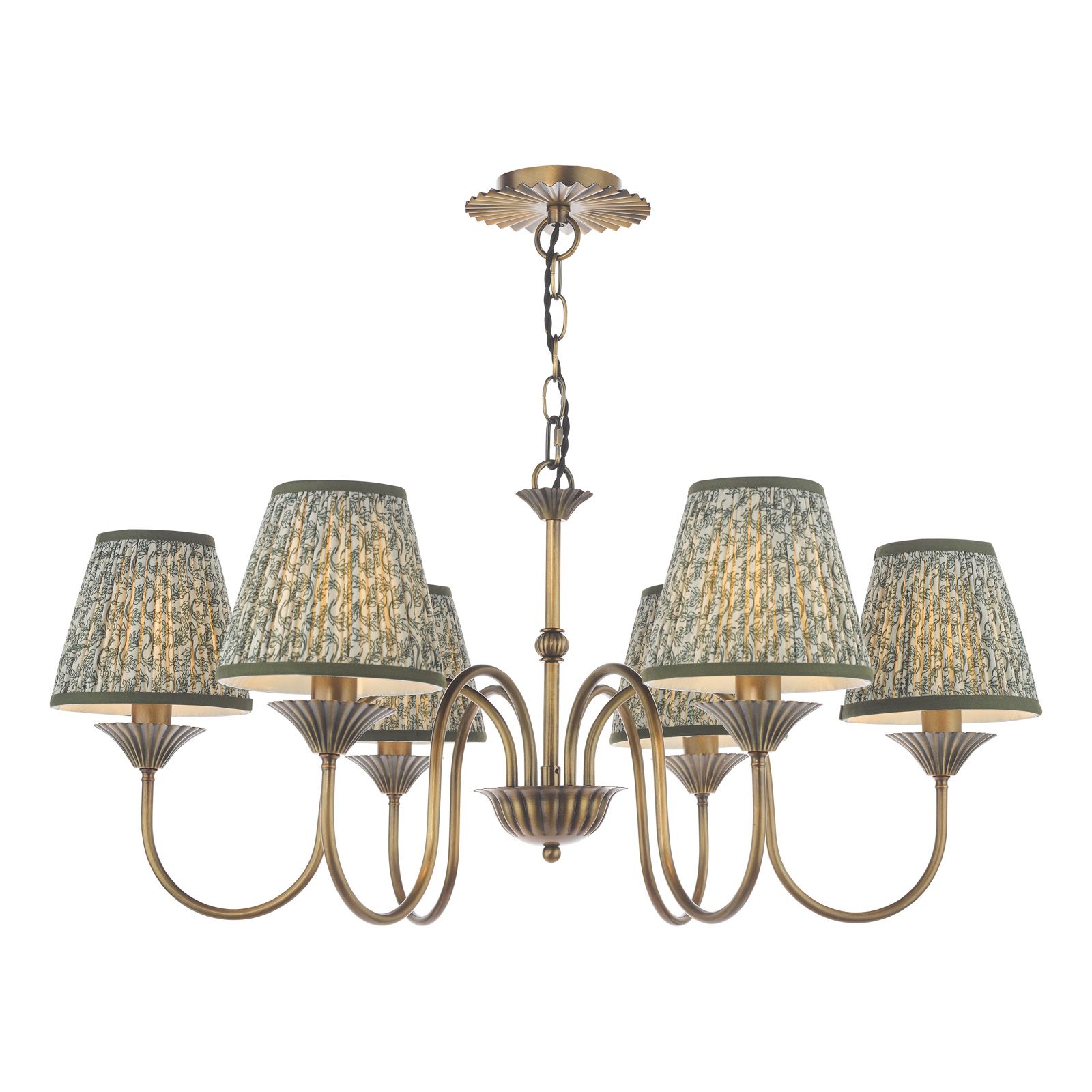 Rijke antieke bronzen hanglamp in boerderijstijl met 6 lampen en kappen met bladmotief. Rijke antieke bronzen hanglamp in landelijke stijl met 6 lampen en lampenkappen met bladmotief. Stillorgan Decor