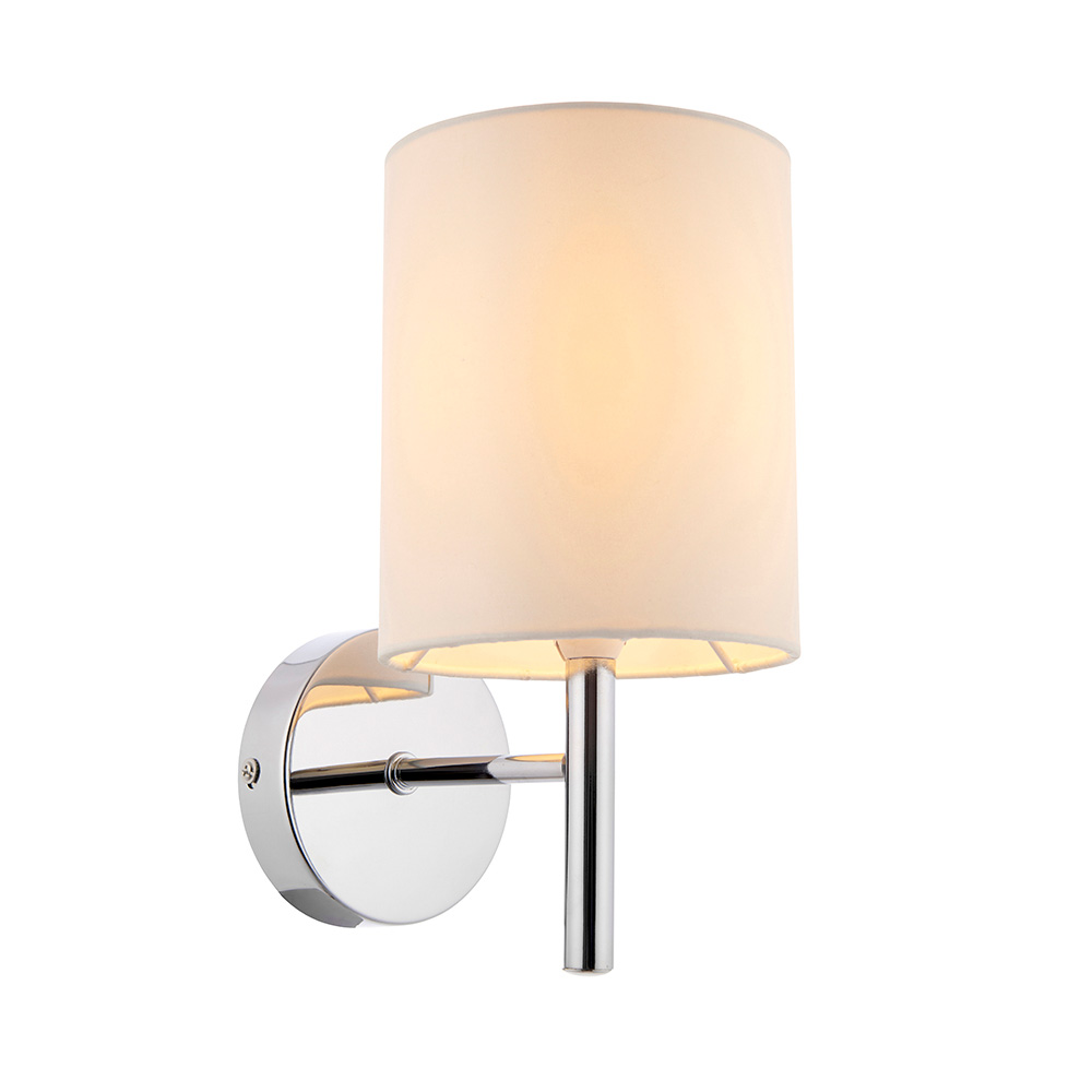Moderne einarmige Wandleuchte in Chromsilber mit weißem Schirm 1 Moderne einarmige Wandleuchte in Chromsilber mit weißem Schirm - Stillorgan Decor