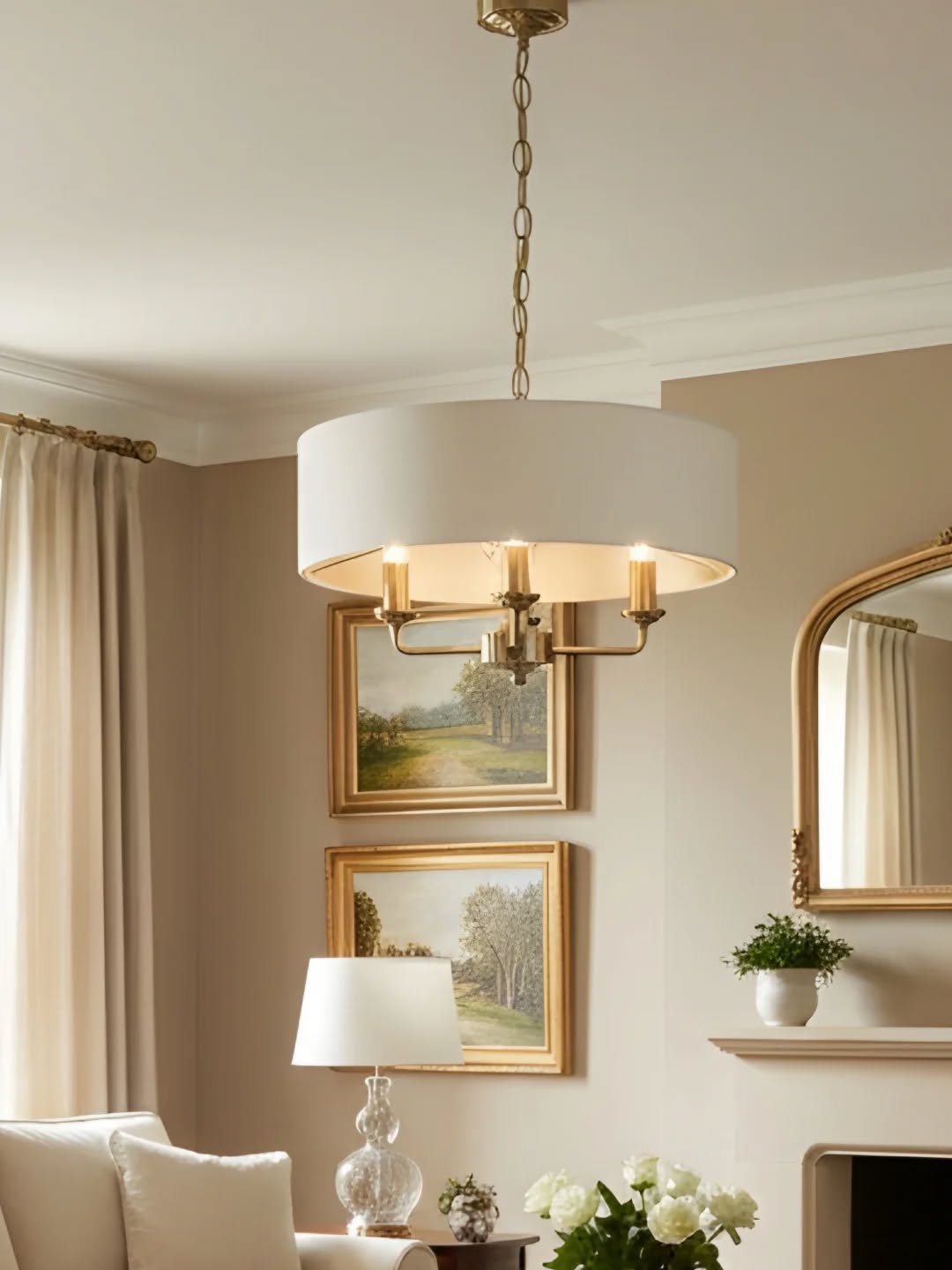 DUNoQpQCJci 3 Subtle and sophisticated, the attractive Sorrento ceiling light from Laura Ashley boasts three lights on arms, all encased in a single contemporary drum shade in sleek ivory silk-effect fabric with a pearlized inner.
A hanging chain falls from a round, Art Deco style, stepped ceiling rose. This 3 light pendant ceiling fitting comes in a traditional warm antique brass finish, adding a grown-up atmosphere to your dining or living area. This ceiling pendant fitting has a matching finish ceiling rose and hanging chain plus a coordinating gold cable with a convenient in-line rocker switch.