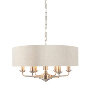 Elegante 6-armige Deckenleuchte mit Schirm in gebürstetem Chrom und natürlichem Farbton - Stillorgan Decor