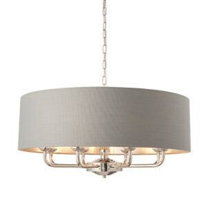 Elegante 8-armige Pendelleuchte mit Schirm in hellem Nickelsilber und anthrazitfarbenem Schirm - Stillorgan Decor