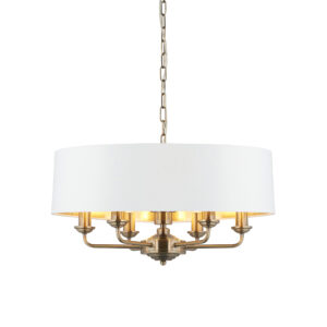 Elegante 6-armige Pendelleuchte mit Schirm in Antikmessing-Optik und weißem Schirm - Stillorgan Decor
