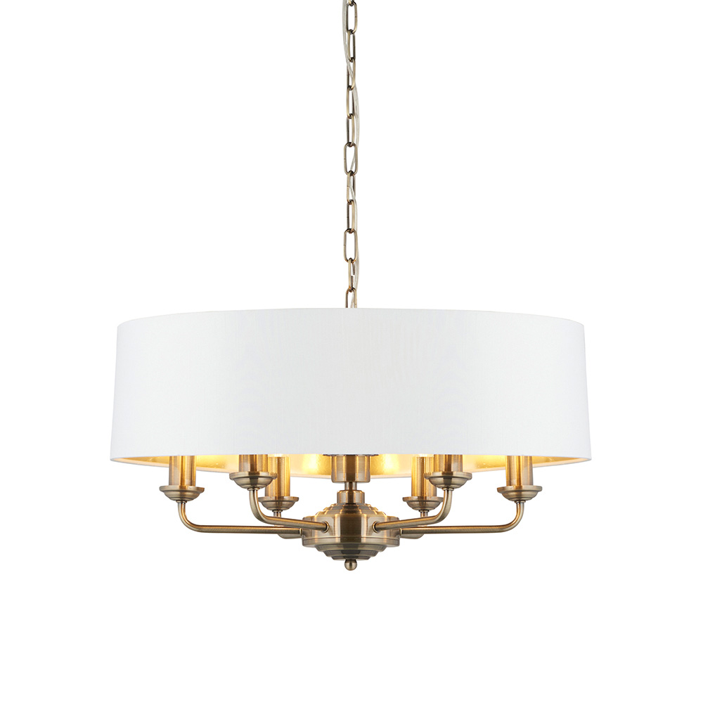 Élégant plafonnier suspendu à 6 bras avec abat-jour blanc en laiton antique 1 Élégant plafonnier suspendu à 6 bras en laiton antique avec abat-jour blanc - Stillorgan Decor
