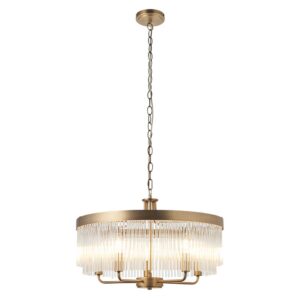 Elegante 5-flammige Pendelleuchte aus Glasstab in warmem Antikmessing - Stillorgan Decor