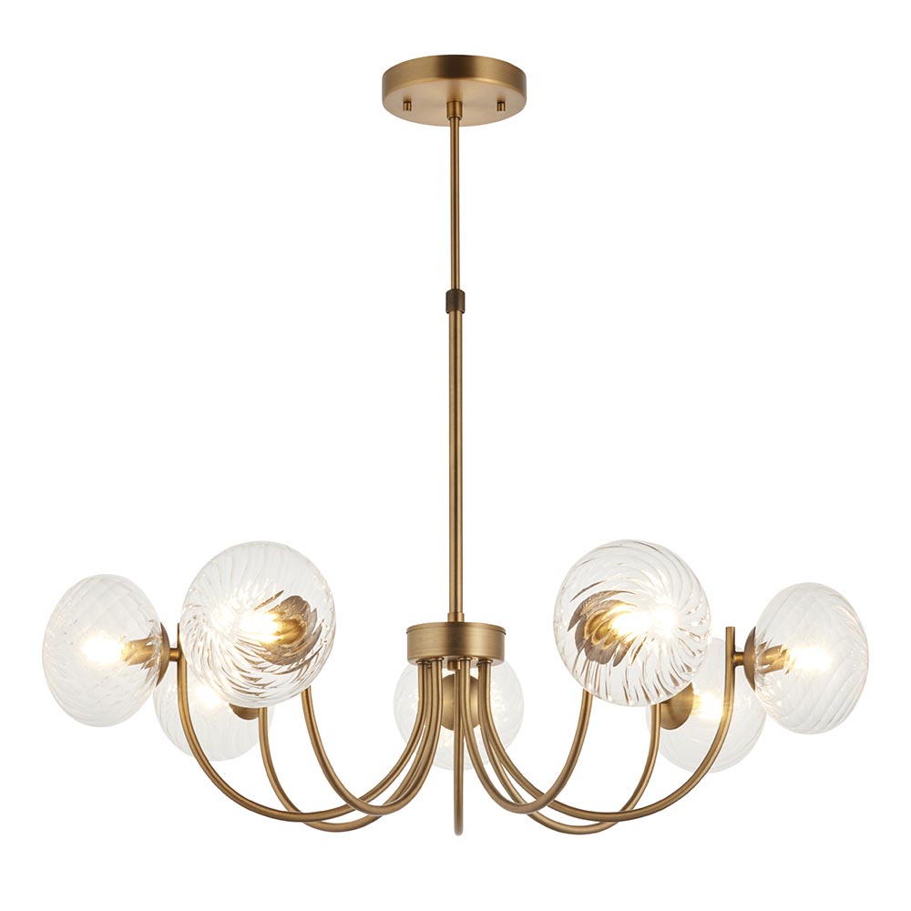 Opvallende hanglamp met 7 lichtpunten, gebogen armen en heldere, gedraaide glazen kappen. Opvallende hanglamp met 7 lichtpunten, gebogen armen en heldere, gedraaide glazen kappen. Stillorgan Decor