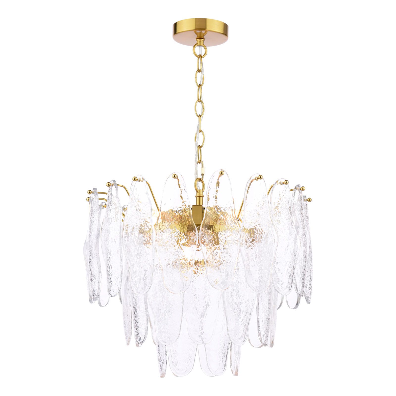 1-flammige Pendelleuchte aus Messing natur und strukturiertem Glas geschichtete 6-flammige Pendelleuchte aus natürlichem Messing und strukturiertem Glas - Stillorgan Decor