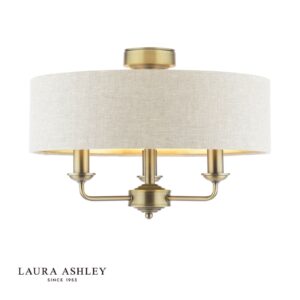 laura ashley Sorrento 3-lichts semi-inbouwlamp in mat antiek messing met natuurlijke kap - Stillorgan Decor
