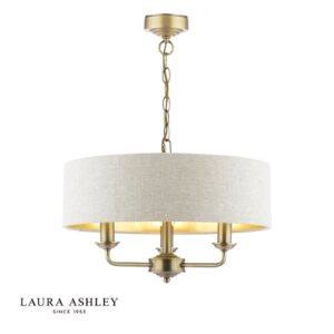 laura ashley Sorrento hanglamp met 3 lichtpunten in mat antiek messing met natuurlijke kap - Stillorgan Decor