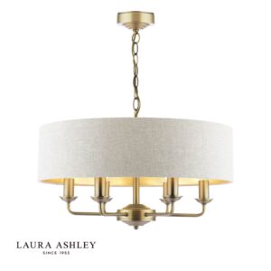 laura ashley Sorrento plafondlamp met 6 lichtpunten in mat antiek messing met natuurlijke kap - Stillorgan Decor