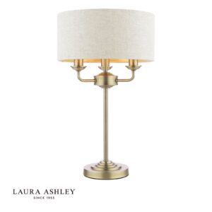laura ashley Namizna svetilka Sorrento s 3 kraki iz matirane starinske medenine z naravnim senčnikom - Stillorgan Decor