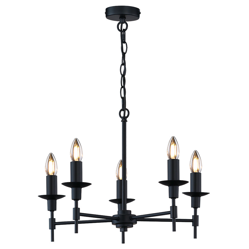 elegantní stropní lustr s 5 žárovkami v matně černé barvě 1 elegantní stropní lustr s 5 žárovkami v matně černé barvě - Stillorgan Decor