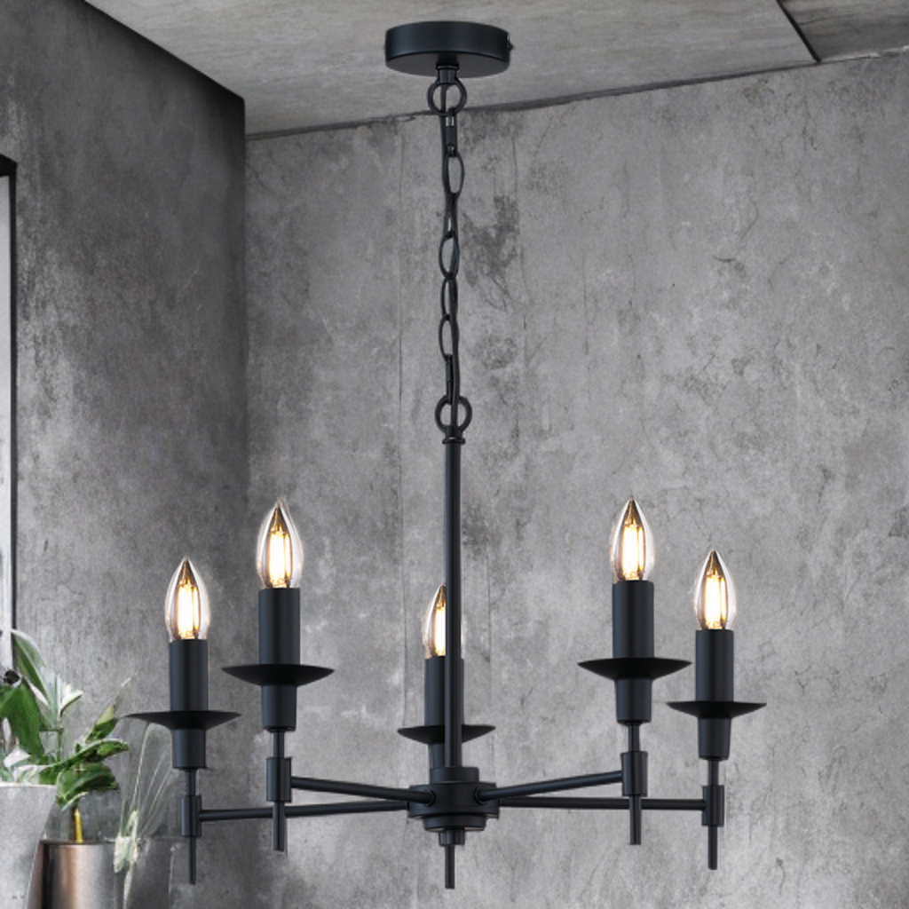 elegantní stropní lustr s 5 žárovkami v matně černé barvě 2 elegantní stropní lustr s 5 žárovkami v matně černé barvě - Stillorgan Decor