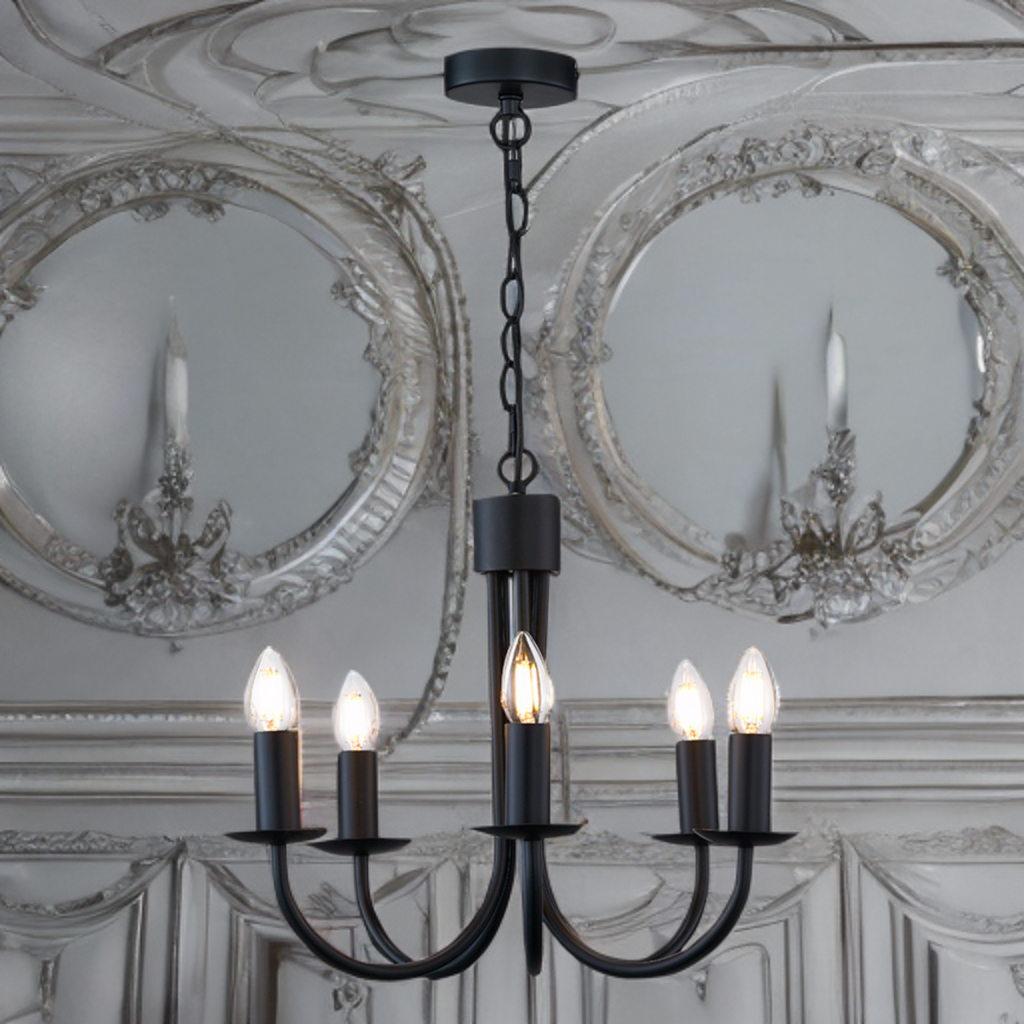 graziéise gebéiten Aarm 5-Luuchte Lüster a Mattschwaarz 2 graziéis gebéiten Aarm 5 Luuchten Lüster a Mattschwaarz - Stillorgan Decor