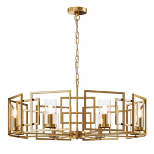 Lustre géométrique doré à 8 lumières avec abat-jour en verre transparent - Stillorgan Decor